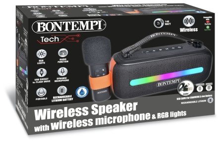 BONTEMPI TECH juhtmevaba kõlar koos juhtmevaba mikrofoni ja RGB tuledega, 491050 