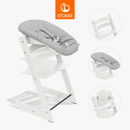 STOKKE söögitool koos turvakaare ja vastsündinu komplektiga TRIPP TRAPP, white, grey NBS, 685900 